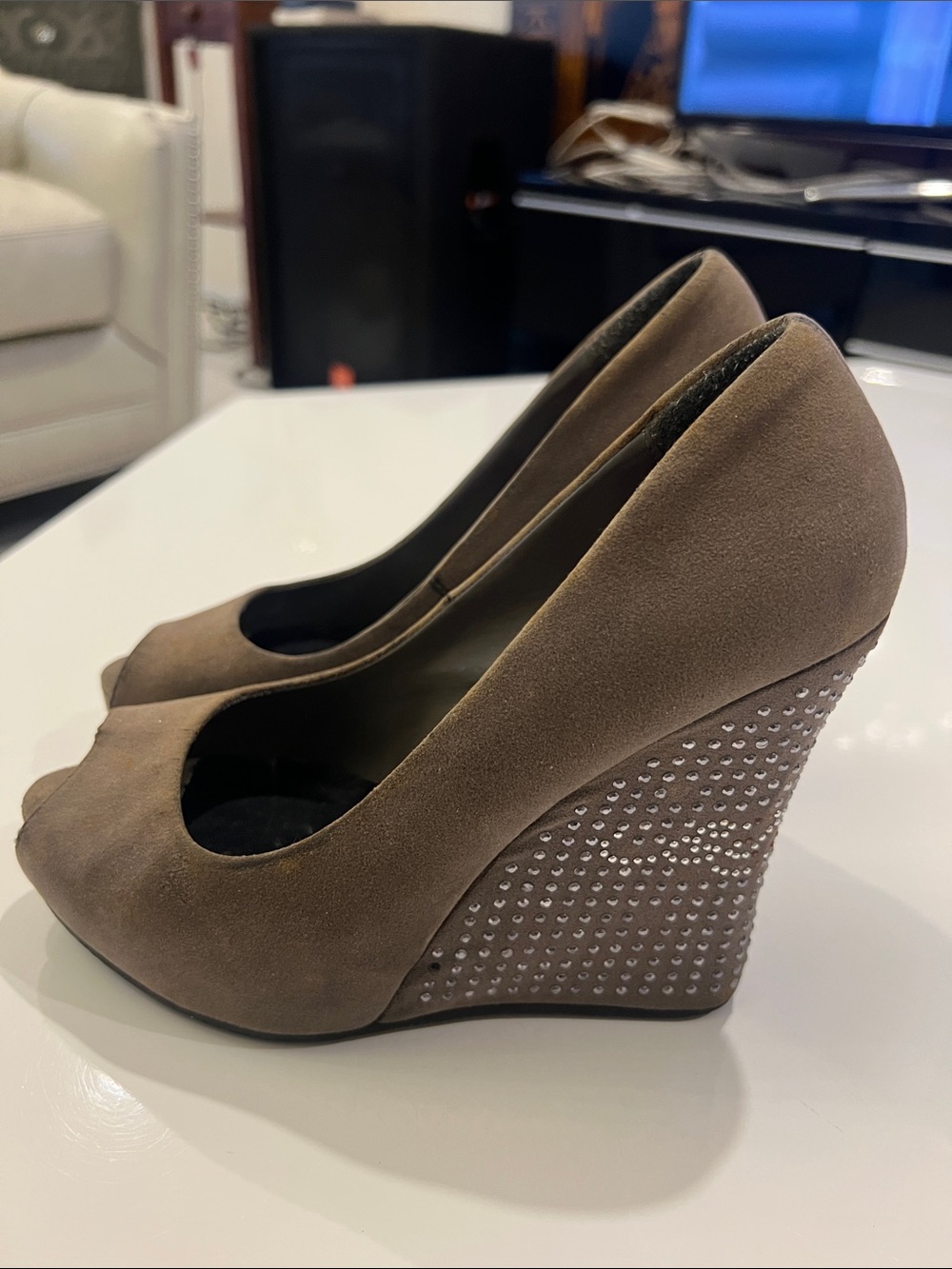 Ed Hardy Taupe Suede Peep-Toe Wedge Pumps with Crystal Heel - Picture 5 of 9